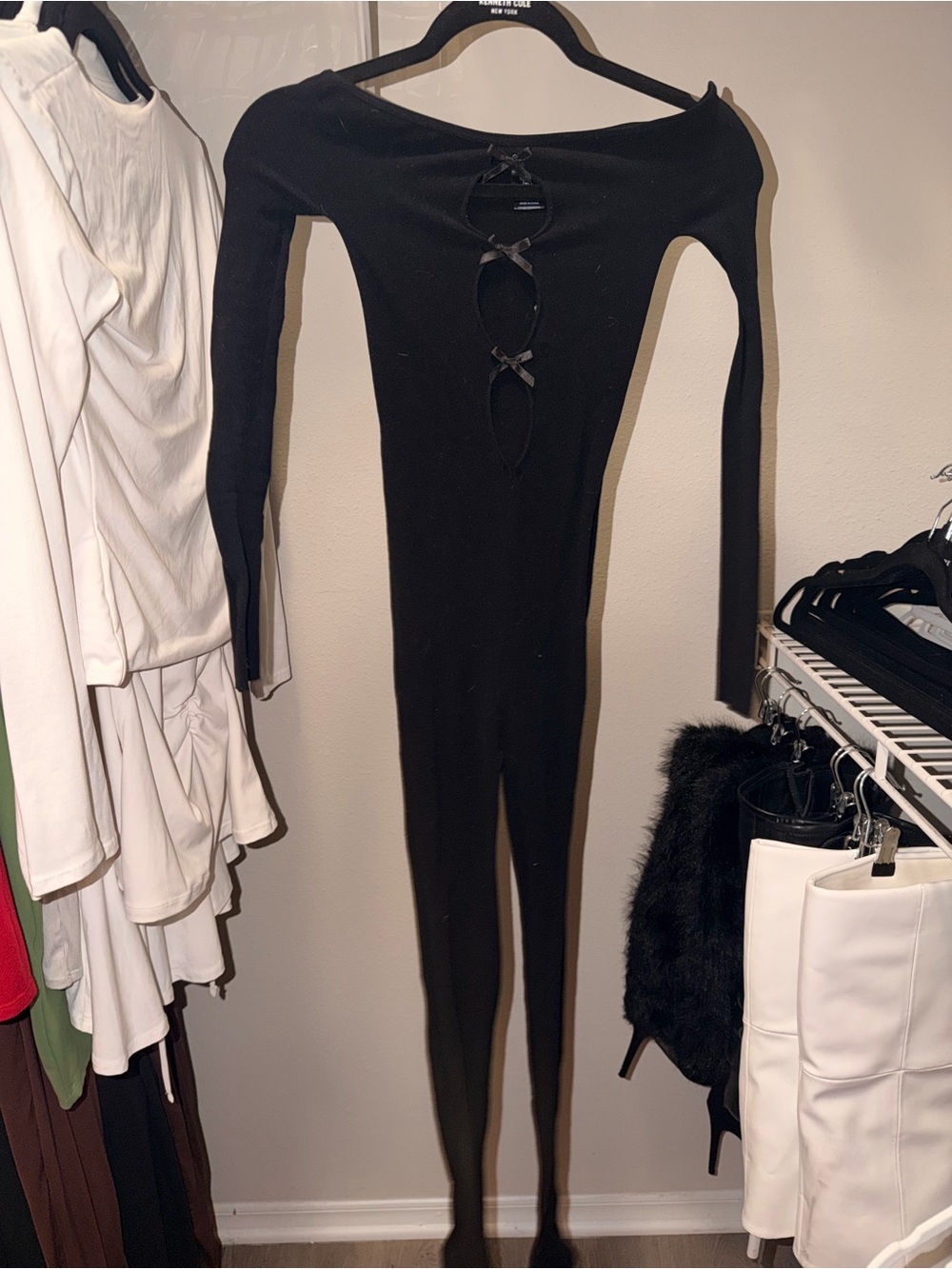 Fashion Nova Black Long-Sleeve Cutout Top with Front Ribbon Bows